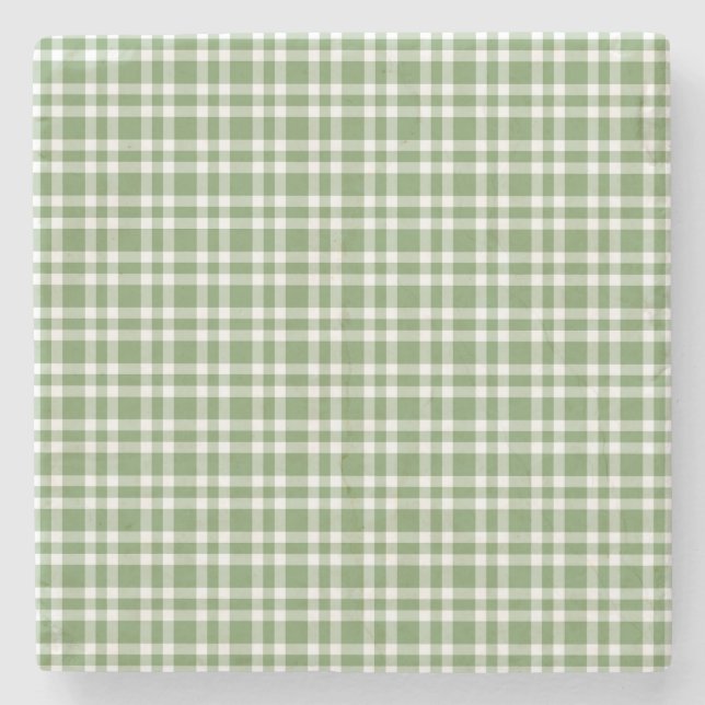 Green White Plaid Pattern Stone Coaster (Front)