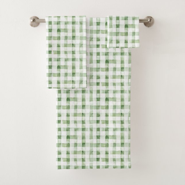 Green White Plaid Stripes Bath Towel Set (Insitu)