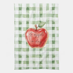Green White Plaid Stripes Red Apple A Day Tea Towel