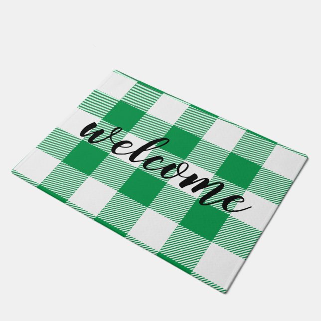 Green & White Plaid Welcome Flannel Doormat (Angled)