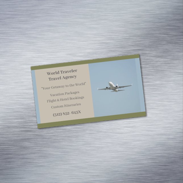 Green White Plane Agent Aeroplane Travel Agency  Magnetic Business Card (In Situ)