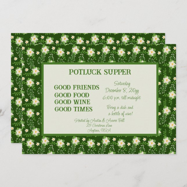Green White Poinsettia Christmas POT LUCK Supper Invitation (Front/Back)