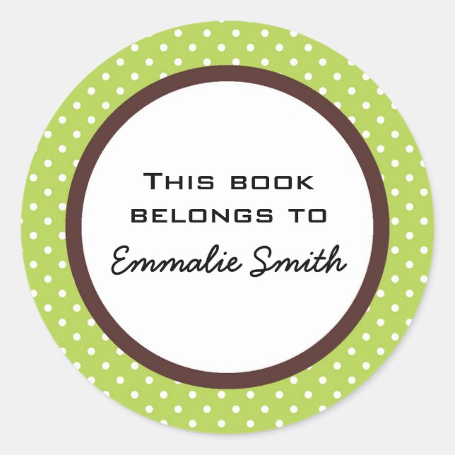 Green White Polka Dot and Brown Book Name Sticker (Front)