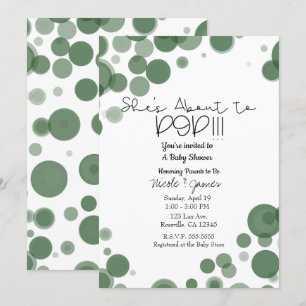 Green & White Polka Dot Bubbles She's About to POP Invitation