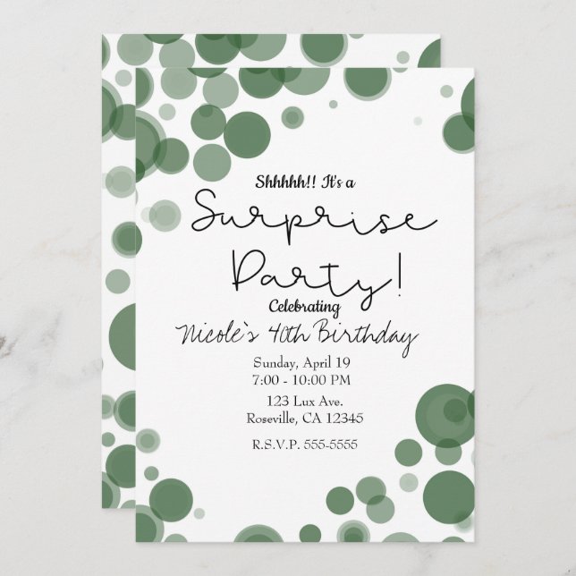 Green White Polka Dot Bubbles Surprise Party Invitation (Front/Back)