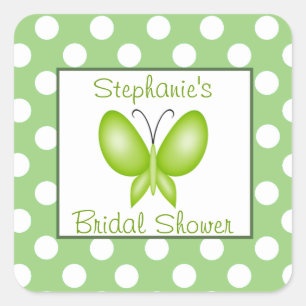 Green & White Polka Dot Butterfly Bridal Shower Square Sticker