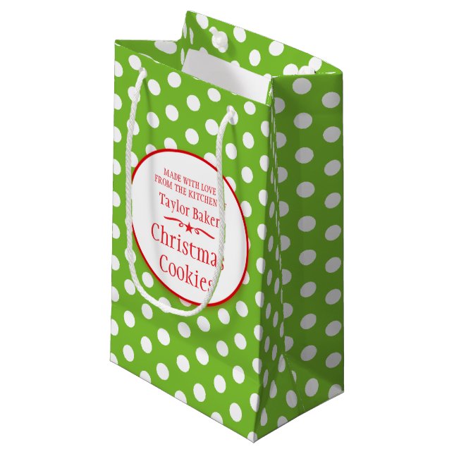Green white polka dot cookie swap baking gift bags (Front Angled)