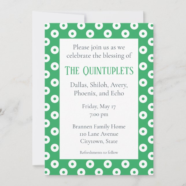 Green & White Polka-Dots Multiple Baby Blessing Invitation (Front)