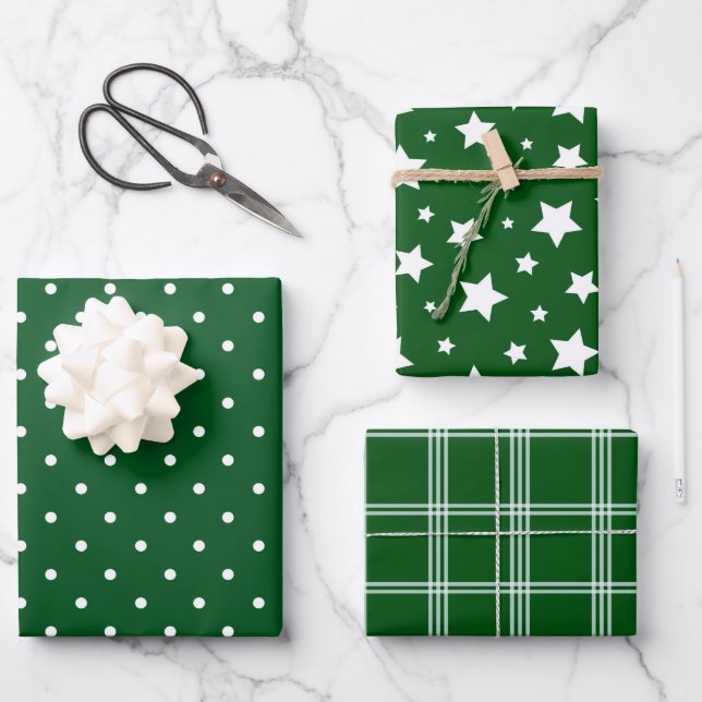 Green White Polka Dots Stars Plaid Holiday Wrapping Paper Sheet (Front)