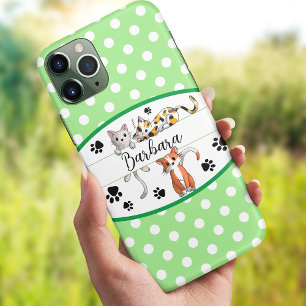 Green & white polkadot, cute kittens custom iPhone 13 case