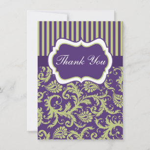 Green, White, Purple Damask Thank You Card