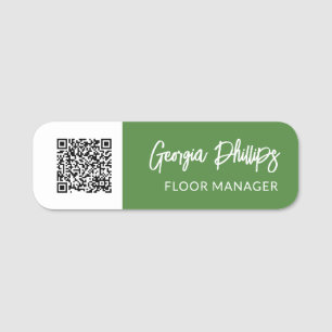 Green & White QR Code Brush Script Name Tag