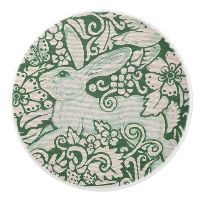 Green White Rabbit Floral Folk Drawer Pull Knob (Front)
