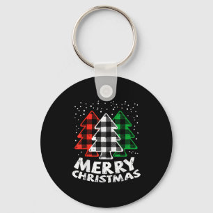 Green White Red Buffalo Plaid Merry Christmas Tree Key Ring