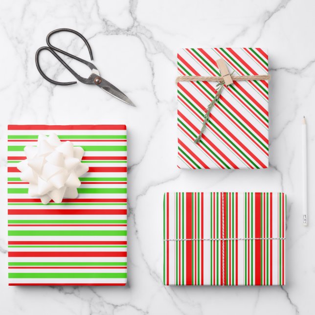 Green, White, Red Christmas-Inspired Lines Wrapping Paper Sheet (Front)