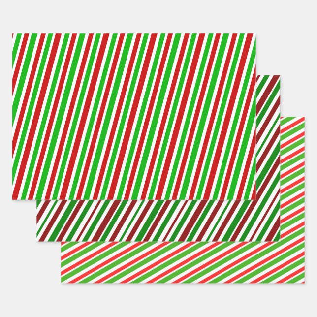 Green, White, Red Christmas-Style Striped Patterns Wrapping Paper Sheet (Set)