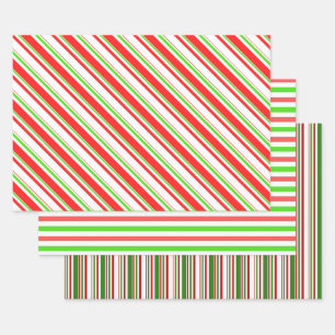 Green, White, Red Christmas-Style Stripes Patterns Wrapping Paper Sheet