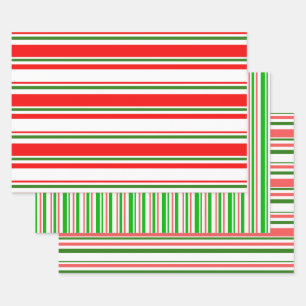 Green, White, Red Christmas Themed Lined Patterns Wrapping Paper Sheet