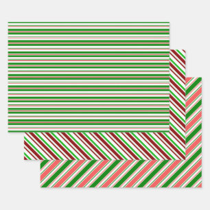 Green, White, Red Christmas-Themed Lines Patterns Wrapping Paper Sheet