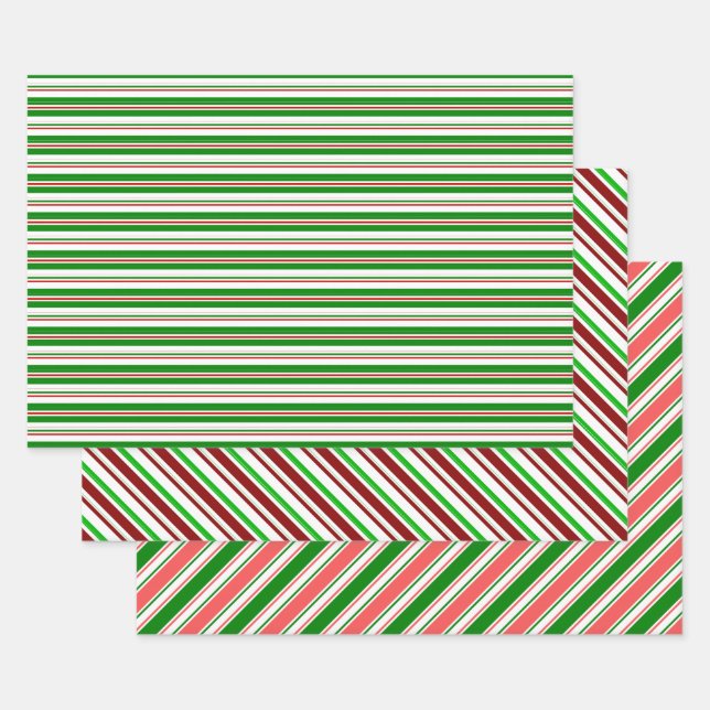Green, White, Red Christmas-Themed Lines Patterns Wrapping Paper Sheet (Set)