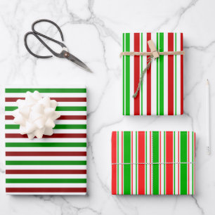 Green, White, Red Colored Christmas Style Stripes Wrapping Paper Sheet