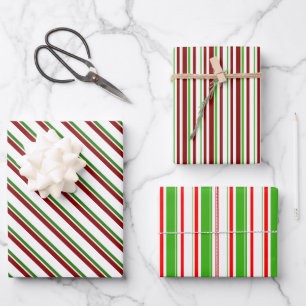 Green, White, Red Colored Christmas-Themed Lines Wrapping Paper Sheet