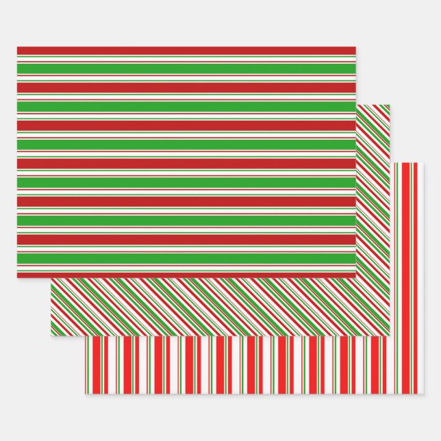 Green, White, Red Coloured Christmas-Style Lines Wrapping Paper Sheet (Set)
