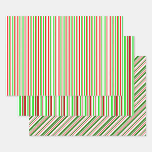 Green, White, Red Coloured Christmas Style Stripes Wrapping Paper Sheet