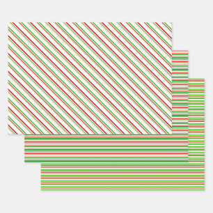 Green, White, Red Coloured Christmas Style Stripes Wrapping Paper Sheet