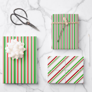 Green, White, Red Coloured Christmas Style Stripes Wrapping Paper Sheet
