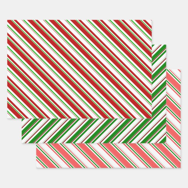 Green, White, Red Coloured Christmas Style Stripes Wrapping Paper Sheet (Set)