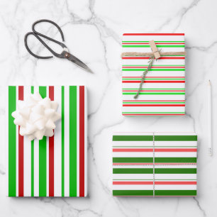 Green, White, Red Coloured Christmas Themed Lines Wrapping Paper Sheet