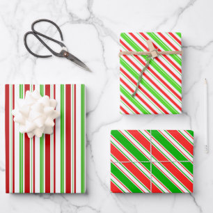 Green, White, Red Coloured Christmas Themed Lines Wrapping Paper Sheet
