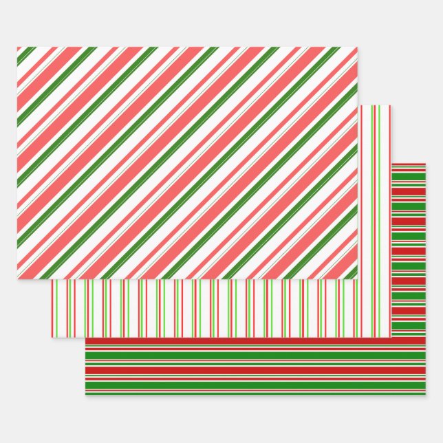 Green, White, Red Coloured Christmas Themed Lines Wrapping Paper Sheet (Set)