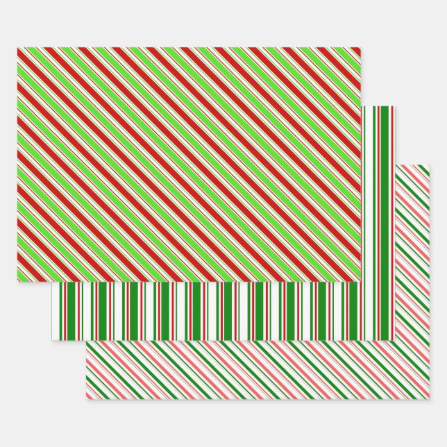 Green, White, Red Coloured Christmas Themed Lines Wrapping Paper Sheet (Set)