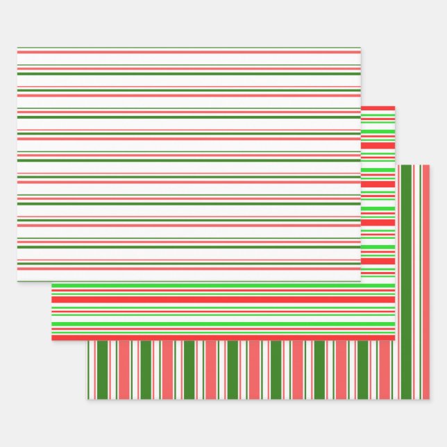 Green, White, Red Coloured Christmas-Themed Lines Wrapping Paper Sheet (Set)