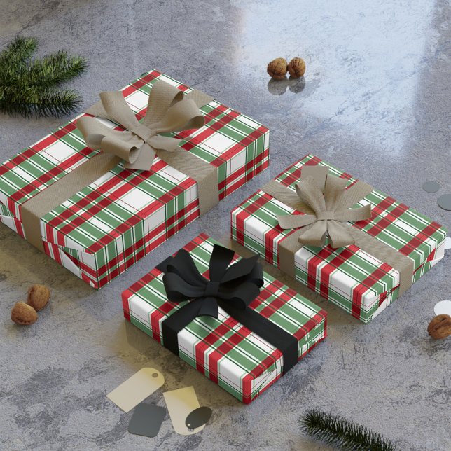 Green White Red Plaid Gingham Chequered Christmas  Wrapping Paper (Creator Uploaded)