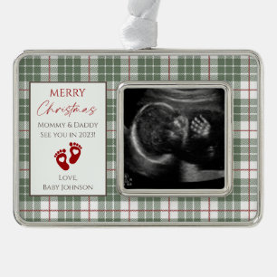 Green, White & Red Plaid New Baby Ultrasound Photo Silver Plated Framed Ornament