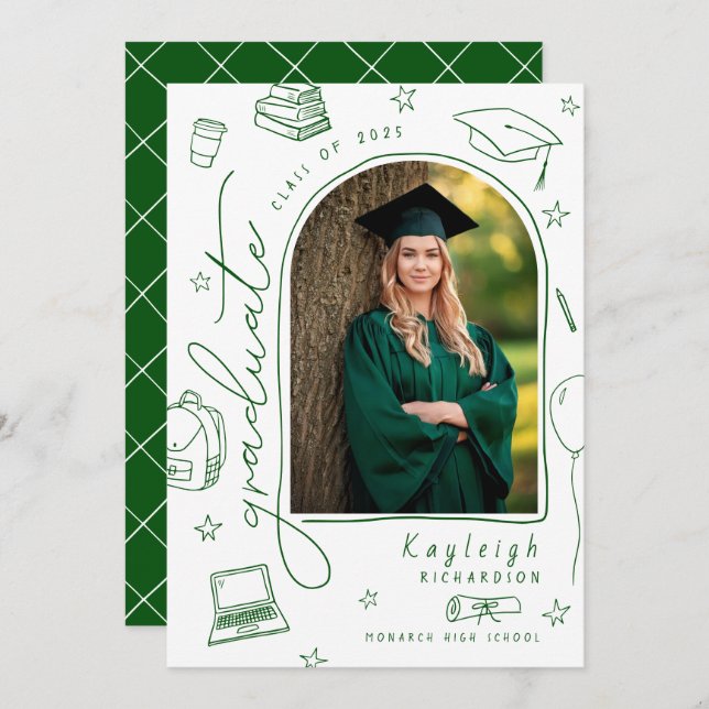 Green White Retro Photo Graduation Announcement (Front/Back)