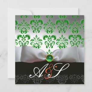 GREEN WHITE RIBBON & BLACK DAMASK MONOGRAM Gold Invitation