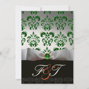 GREEN WHITE RIBBON & BLACK DAMASK MONOGRAM Orange Invitation