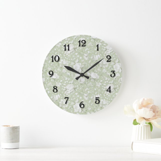 Green White Romantic Floral Bridal Shower Large Clock (Home)