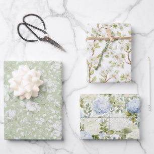 Green White Romantic Floral Bridal Shower Wrapping Paper Sheet