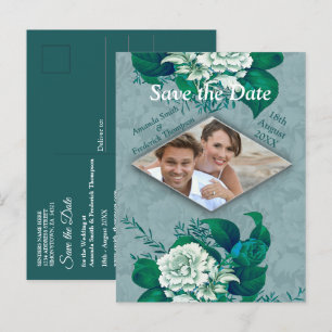 Green/ White Rose Flowers on Green pattern paper Announcement Postcard