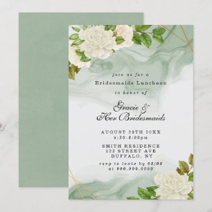 Green White Roses Bridesmaids Luncheon Invites