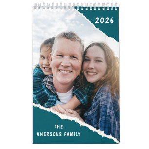 Green & White Scrapbook Custom Family Photo 2026 Calendar