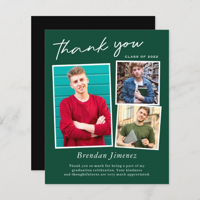 Green White Script 3 Photo Graduation Thank You (Front/Back)