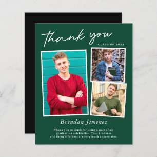 Green White Script 3 Photo Graduation Thank You