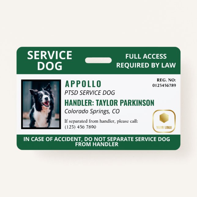 Green White Service Dog Logo & Photo ID ID Badge (Front)