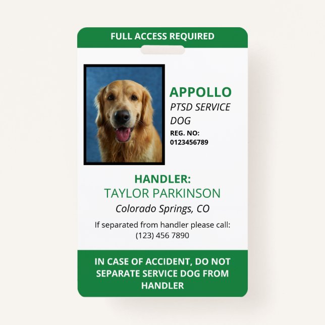 Green White Service Dog Photo ID Badge (Front)
